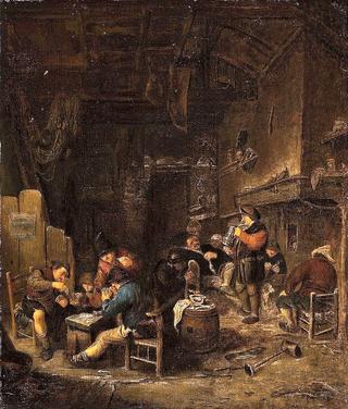 Tavern Interior with Peasants Playing Cards, Smoking and Drinking