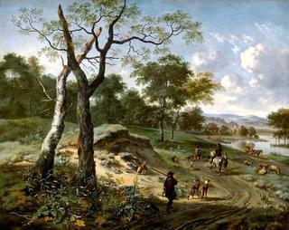 Wooded Evening Landscape with a Hunter and His Dogs