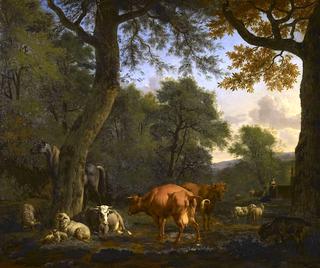 A Woodland Glade with Animals and Figures