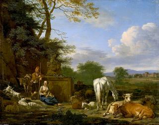 Arcadian Landscape with Resting Herdsmen and Cattle