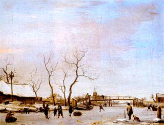Frozen Canal with Skaters and Hockey Players