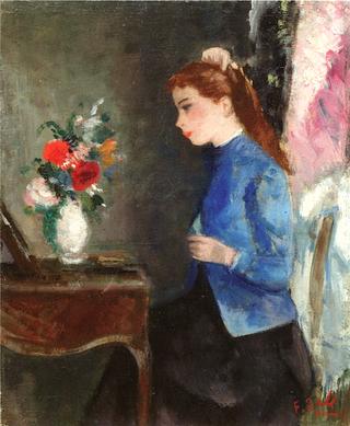 Eugénie Combs Her Hair in front of a Flowered Dresser
