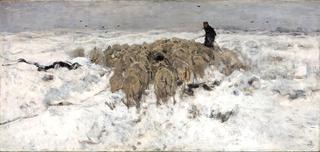 Flock of Sheep with Shepherd in the Snow