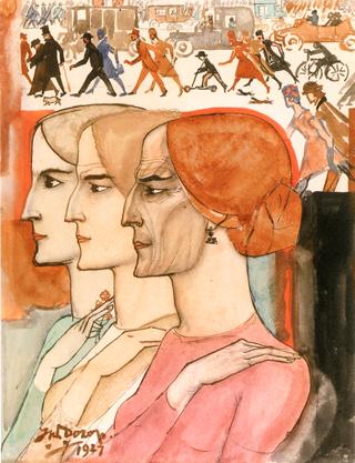 Three Women in Profile with a Street Scene in the Background