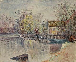 House and Boat by River