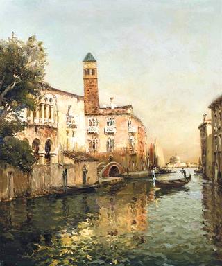 A gondola on a Venetian backwater, Santa Maria della Salute beyond