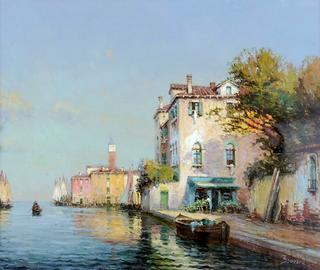 Venetian Canal Scene with Figures seated outside a Quayside Café