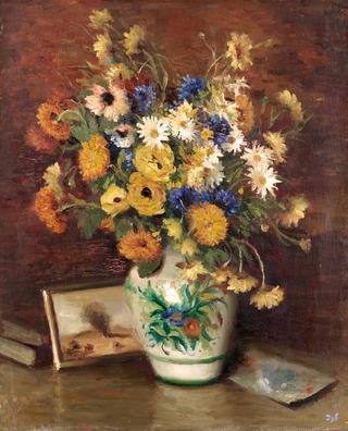 Cornflower and White and Yellow Anthemises with a Landscape Study Behind