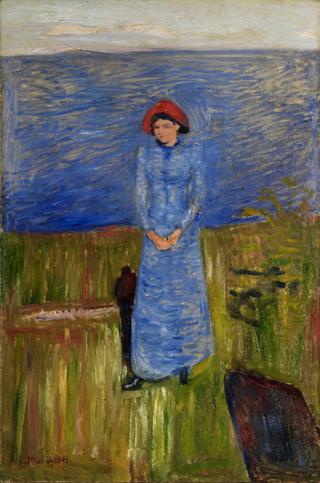 Woman with Red Hat in the Fjord