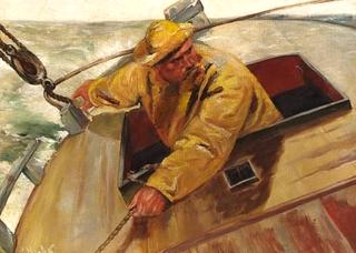 A Fisherman in Yellow Rainwear in His Boat