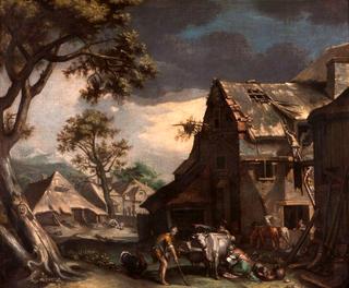 Landscape with Houses, Mountains, Figures, and Animals