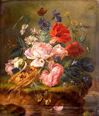 Still Life of Mixed Flowers and Insects on a Mossy Bank