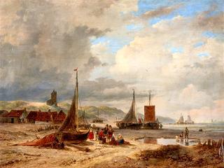 Coastal Scene with Boats and Fishermen's Huts