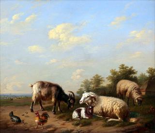 Goat, sheep, lamb and chickens in front of a farm with shepherd and dog in the distance
