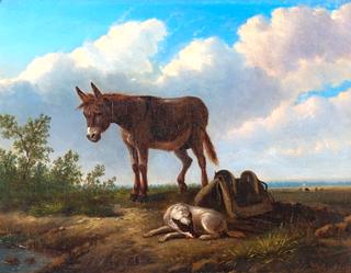 Donkey and Dog in Front of an Extensive Landscape