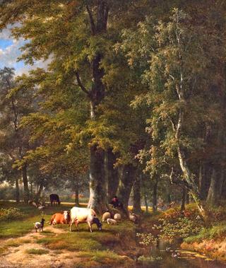 Shepherd with His Flock Resting by a Forest Creek