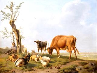 Shepherd boy leaning against a tree stump with his herd