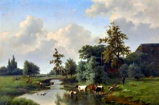 Farm Animals by a Stream