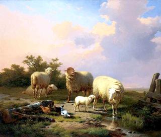 Sheep and Chickens in an extensive Landscape with a Town beyond