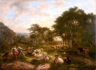 Pastoral landscape at dusk, with a young shepherd courting a maid, his flock alongside