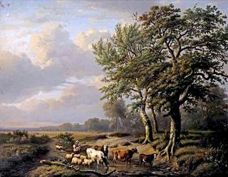 A landscape with a shepherdess and her flock resting near a stream