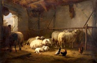 Sheep and Chickens in a Stable