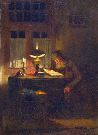 Bearded Man Reading by Lamplight