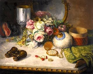 A Still Life of Flowers and Apples on a Table Partly Draped with Ornate Fabric