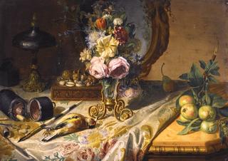 A Still Life of Flowers and Jewelry and a Silver Cup on Marble Table Top
