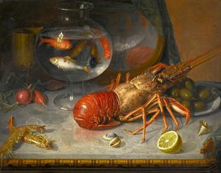 Still Life of Lobster and Prawns before a Bowl of Goldfish
