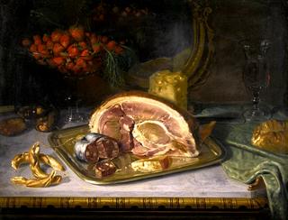Still Life of Meats and Cheese on a Silver Platter and Bowl of Strawberries
