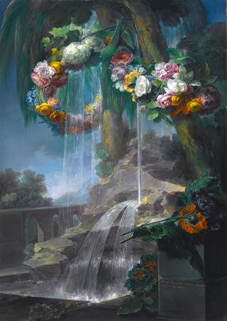 An Outdoor Scene with a Spring Flowing into a Pool, with Garlands of Flowers, and an Aqueduct beyond