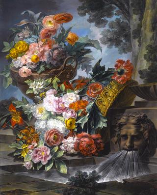 An Outdoor Scene with a Pool of Water, a Basket, and an Urn Filled with....