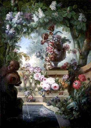 Roses in a Sculpted Urn on a Ledge, beside a Fountain