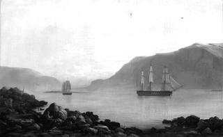 The Ship of the Line "Dronning Marie" (Queen Marie) and the Corvette "Najaden" Weigh Anchor in Faxa Bay, near Reykjavik, Icelandx