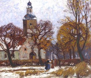 Lower Rhine Village Church with Figures in Winter