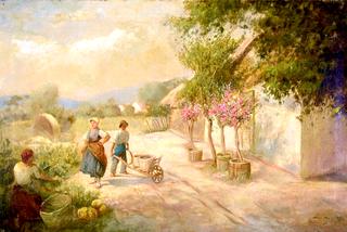 Budapest, Farmers in the Garden in front of the Farm
