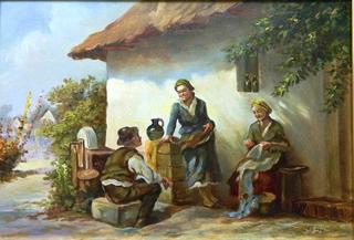 Three Figures by a House