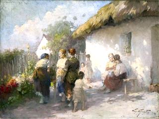 People Gathered outside a Thatched Cottage