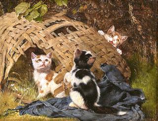 Three Kittens with a Wicker Basket