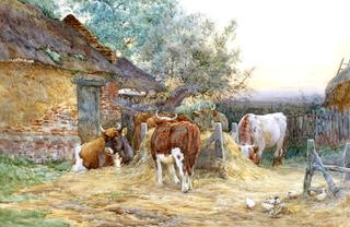 Cattle and Ducks in a Farmyard