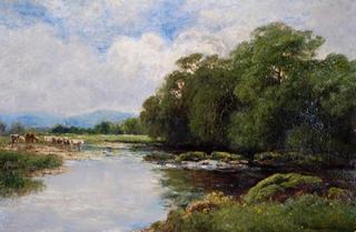 Tranquin River Scene with Cattle at Water and Hills in the Distance