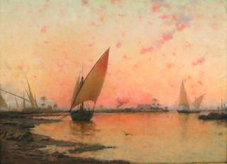 Boats on the Nile River at Sunset