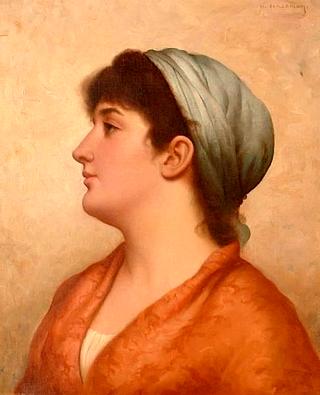 Bust length portrait of a woman wearing a green turban