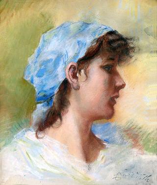 Portrait in profile of a young Italian woman in a blue headscarf