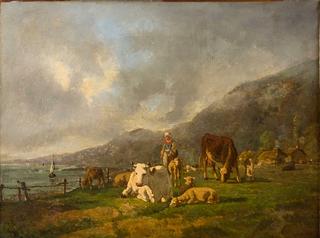 Herd of Cows and Herdsman in a  Pasture at the Seashore