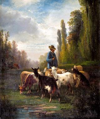 Shepherd with Flock and Dog