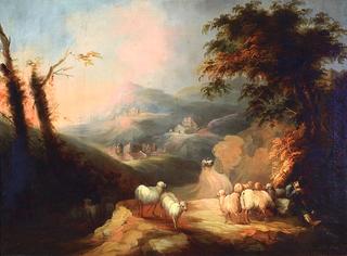 Resting Shepherd with Sheep in Mountainous Landscape