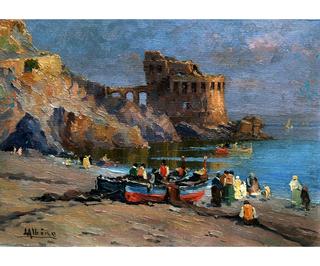 Italian Coastal Scene with Fisherfolk and Fishing Boats