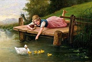 Girl at the Pond Feeding Ducks